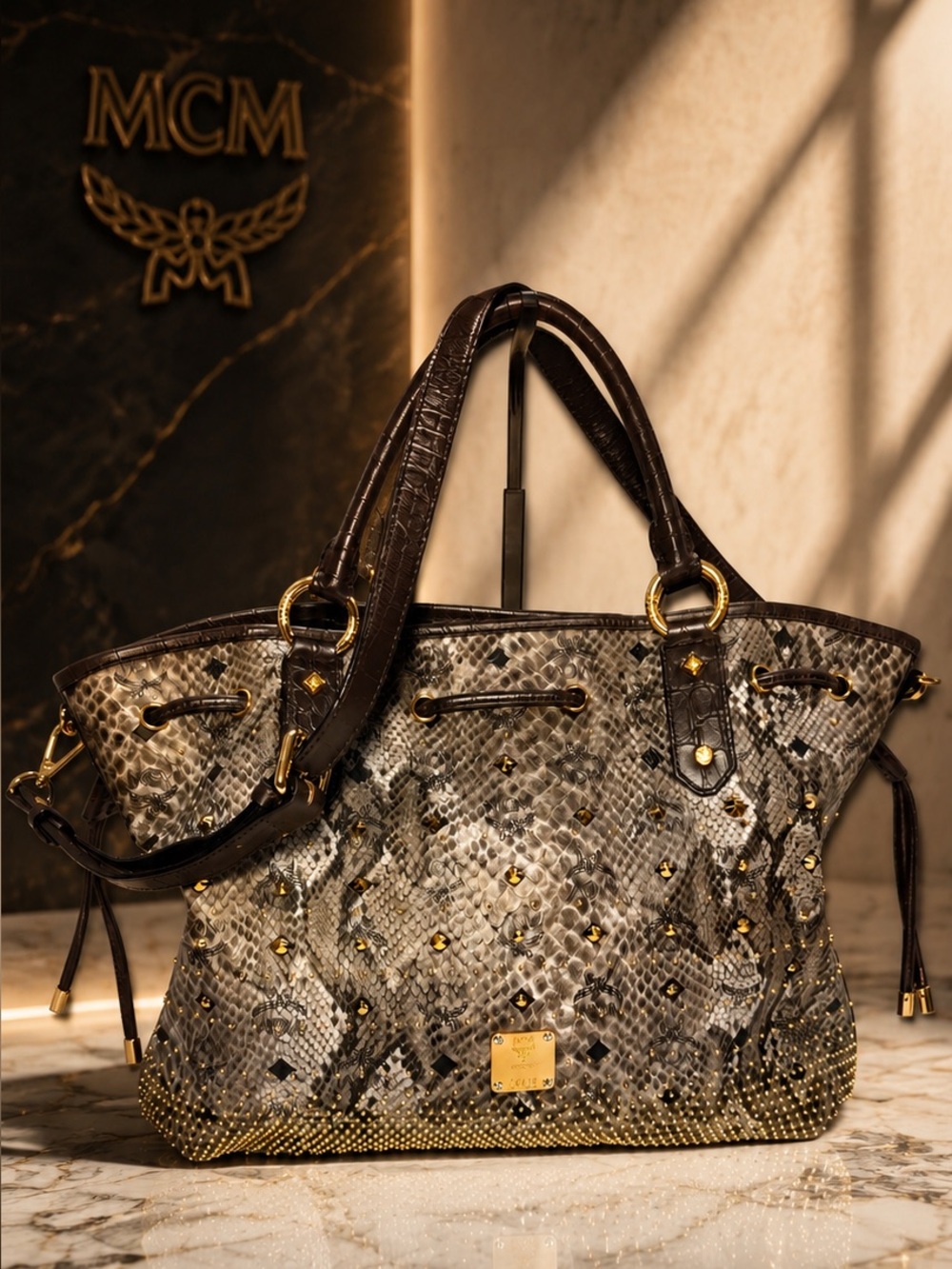 MCM Visetos Python Print Studded Shopper Tote